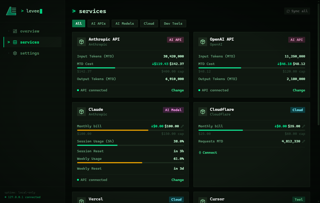 levee Services page, listing each tracked service with its spend and sync status