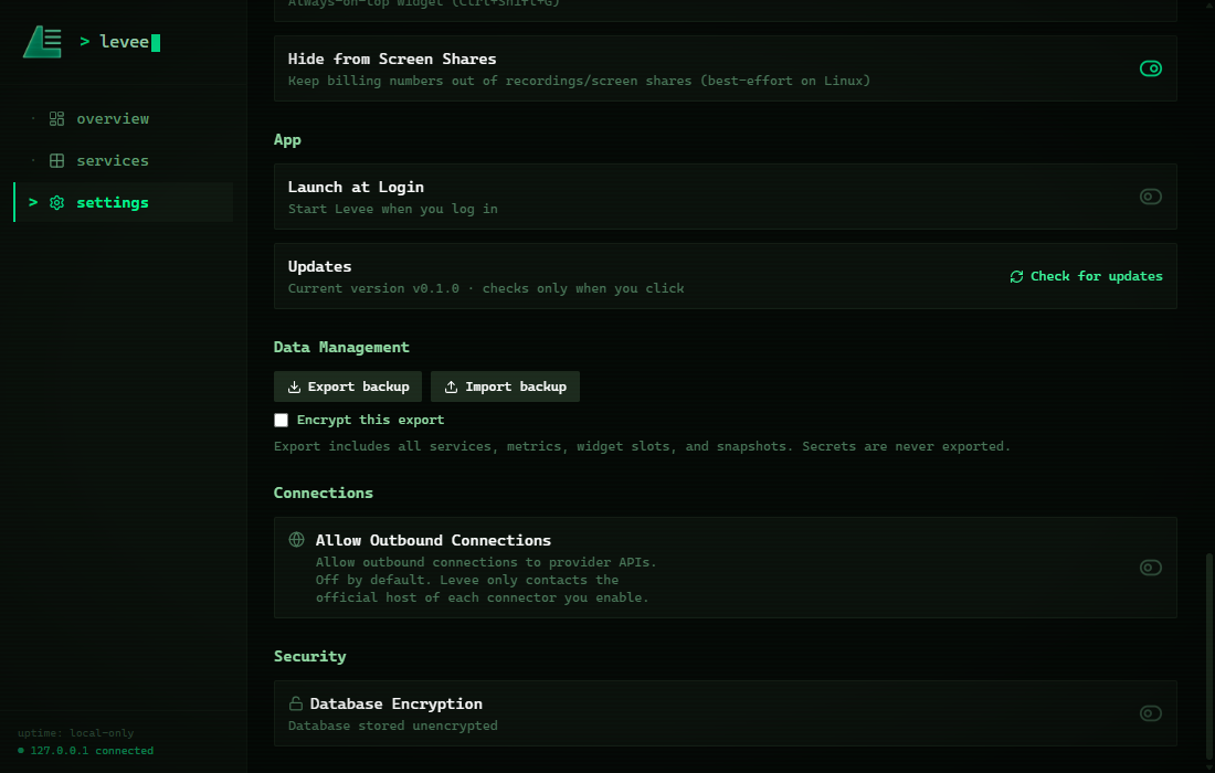levee Settings page
